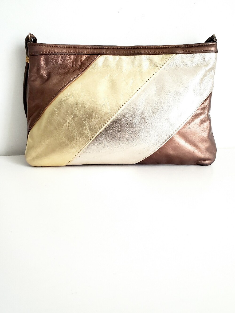 Leather Tri-Panel Crossbody Bag in Brown, Cream & Silver